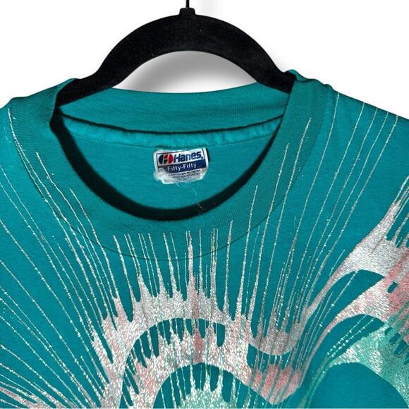 Vintage 80s Hanes Fifty-Fifty Abstract Silver Foil Graphic T Shirt Large - Picture 3 of 6